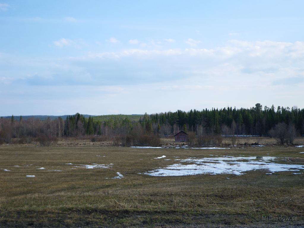 IMGP0764.JPG - Även åkern rakt över landsvägen börjar snart vara snöfri. För en vecka sedan gick det utmärkt att köra skoter här... Snabba ryck