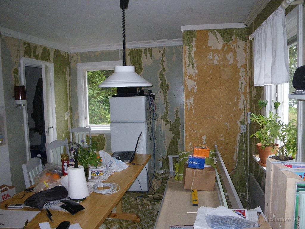 IMGP1984.JPG - 2009-09-04  Full fart i köket. Gamla tapeten skall ner, eller i vart fall det mesta av den. På vissa ytor är det enklare än på andra.