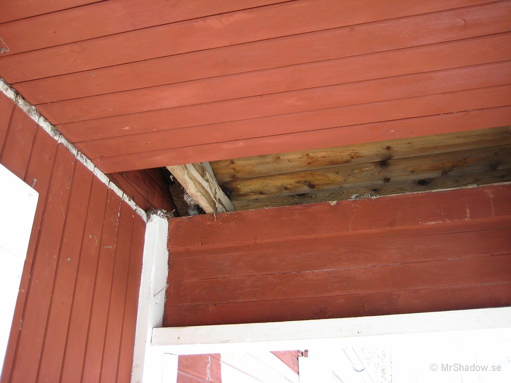 IX70_0857.JPG - Å så var det dags för ytterligare ett undersökande projekt. Innertaket på farstukvisten skulle demonteras. Vi hade "störningar" av getingar i höstas och det tillsammans med lite osäker status på hur det såg ut innanför målningen.