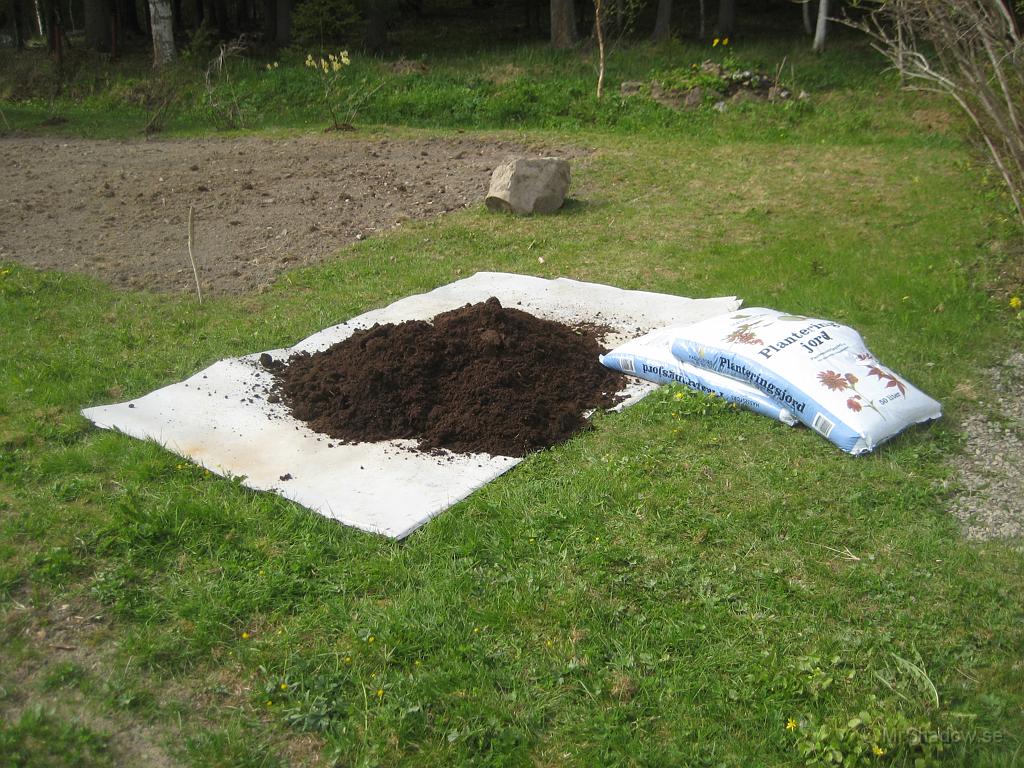 IX70_1072.JPG - Lite gödning och ny jord till trädgårdslandet. Först blandning och sedan spridning.